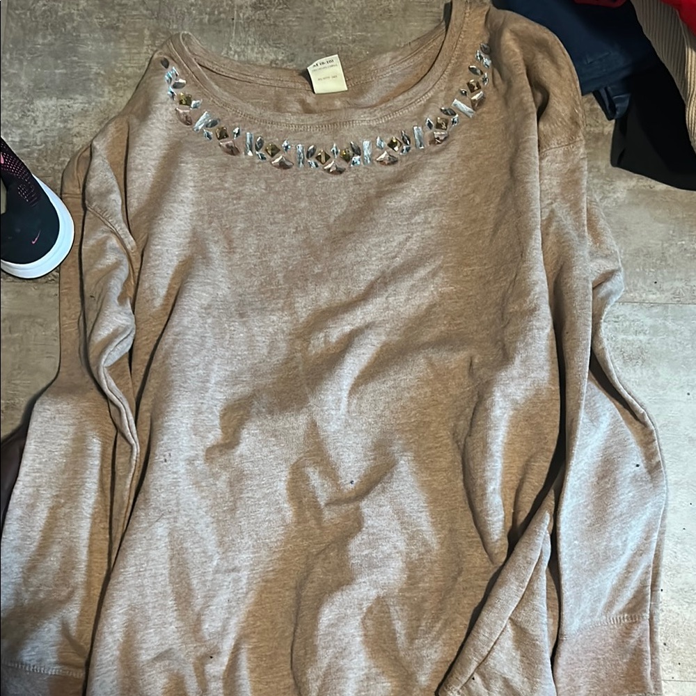 Faded Glory Tan Embellished Long Sleeve Sweatshirt